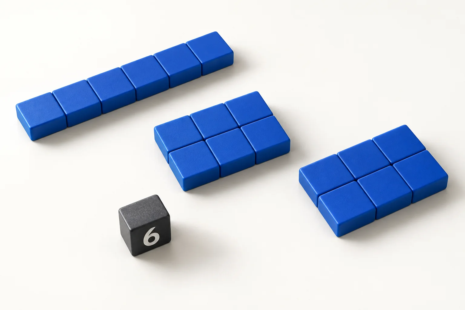 Three blue arrangements of six cells beside a cube marked six.