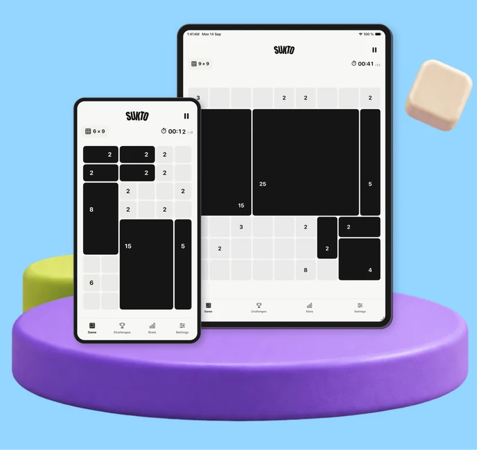 Sukto on iPhone and iPad, standing on a purple platform beside a floating cube.